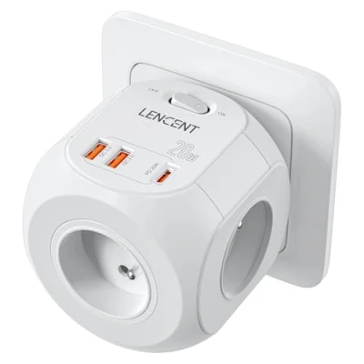 Afbeelding van LENCENT USB stopcontact, PD20W, verbeterde wandcontactdoos, kubus, meervoudig 4 stopcontacten, 8 in 1, oplader met AC uitgangen, 4000 W en 1 type C 3 USB, elektrisch, ideaal voor kantoor, wit