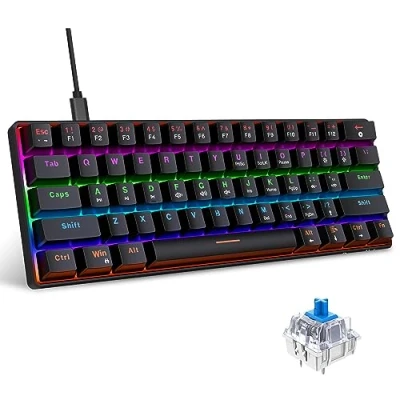 Afbeelding van Snpurdiri 60% bekabeld mechanisch gamingtoetsenbord, 61 toetsen, RGB achtergrondverlichting, ultracompacte blauwe schakelaar, dubbele voet, zwart