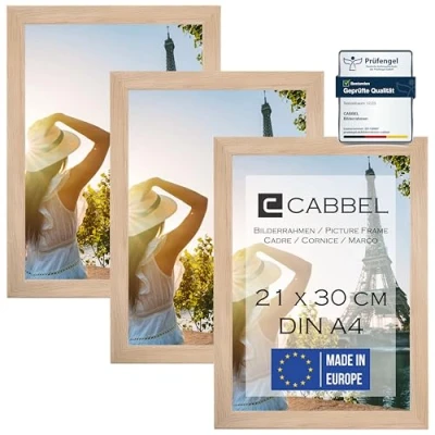 Afbeelding van CABBEL Set van 3 fotolijsten DIN A4 21 x 30 mdf houten lijst met onbreekbaar acrylglas, ideaal voor collages, portretten en diploma&#039;s, naturel
