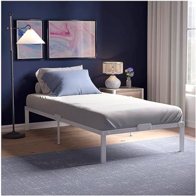 Afbeelding van Dreamzie Bedframe 90x200 met Witte Metalen Lattenbodem Basis Poten Hoogte 41 cm Bestand, Eenvoudige Montage, Grote Opbergcapaciteit