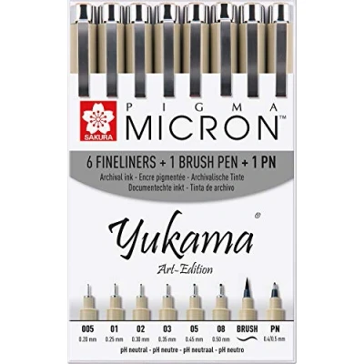 Afbeelding van Yukama Sakura Pigma Art Edition 8 set, 6 Micron Fineliner + 1 Brush Pinselstift PN Stift, zwart