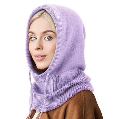 Afbeelding van DRESHOW Winterhoeden voor dames, balaclava gebreide beanie schedel pet met trekkoord hoed sjaal capuchon, 1 x capuchonhoed: blauw