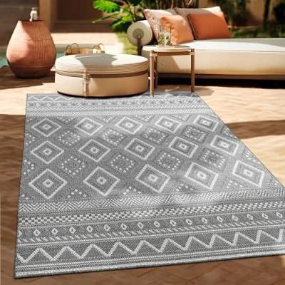 Afbeelding van Paco Home Vloerkleed voor binnen en buiten, balkon, terras, keuken, etnische motief, boho, modern, afmetingen: 160 x 220 cm, kleur: grijs 2