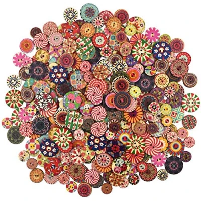 Afbeelding van YMWALK 300 stuks bedrukte houten knopen in ronde vorm met 2 gaten, gemengde kleuren en maten voor naaien, handwerk, decoratie, knutselen, jurk (15 mm, 20 mm 25 mm)