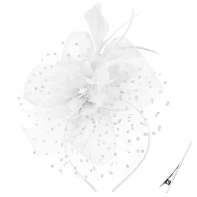 Afbeelding van DRESHOW fascinator hoed veer hoofdband voor vrouwen met clip bloemenhoofdband meisjes en vrouwen, 1 stuk: 03 R wit, Eén maat