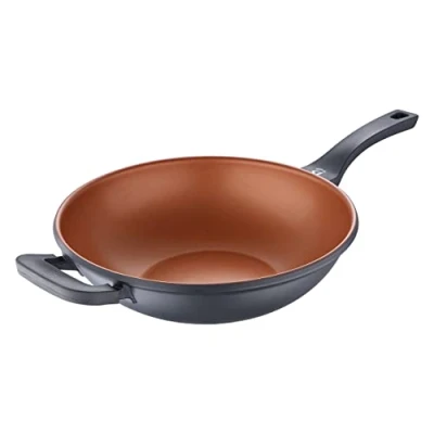 Afbeelding van SAN IGNACIO Brons Wok 32 cm Anti aanbaklaag Gemaakt van gegoten aluminium Met zachte handgrepen Wokpan geschikt voor alle soorten keukens