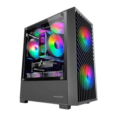 Afbeelding van MARSGAMING MC VORTEX, MicroATX gaming behuizing, geometrisch mesh front, zijwand van gehard glas, 3 x 120 mm FRGB regenboogventilatoren, compacte mini toren met dubbele kamer, zwart