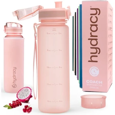Afbeelding van Hydracy Water Bottle with Time Marker 500 ml 17 Oz BPA Free Leak Proof &amp; No Sweat Gym Fruit Infuser Strainer Ideal for Fitness or Sports Outdoors Rose Gold
