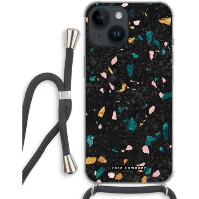 Afbeelding van Case Company® hoesje met Koord geschikt voor iPhone 14 Terrazzo N10 Telefoonhoesje Zwart Extra Bescherming aan alle Kanten en Over de Schermrand