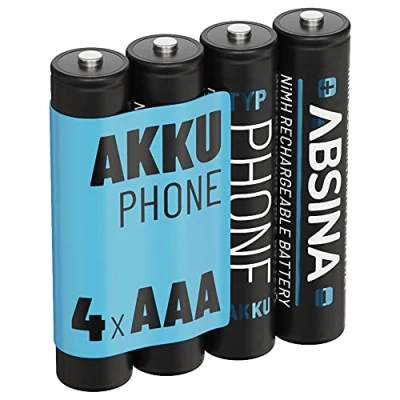 Afbeelding van ABSINA 4 x oplaadbare AAA batterij voor telefoon, 800 mAh, NiMH batterijen 1,2 V batterij,
