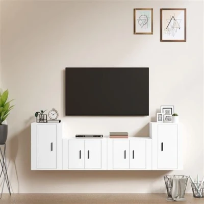 Afbeelding van 4 delige Tv meubelset bewerkt hout wit