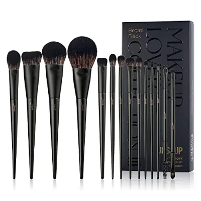 Afbeelding van Jessup T336 Kabuki Make upkwastenset, 14 stuks, voor foundation, oogschaduw, contouren, concealer, poeder, eyeliner, vouw en wenkbrauwen, zwart