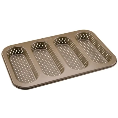 Afbeelding van Zenker Set van 4 mini eetstokjesplaten, geperforeerd, voor knapperige eetstokjes, antiaanbaklaag, voorkomt lijmen, hittebestendig tot +230 C, 34 x 22 3 cm