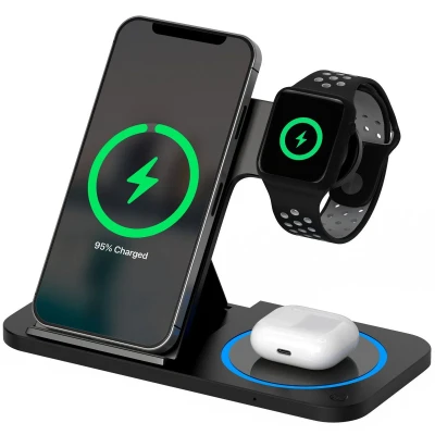 Afbeelding van Strex 3 in 1 Draadloze Oplader Oplaadstation 15W Snellader Opvouwbaar Geschikt voor iPhone &amp; Android Zwart