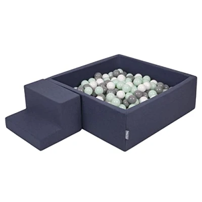 Afbeelding van KiddyMoon Foam Speeltuin Met Vierkant Ballenbad (200 ballen), Donkerblauw:Wit/Grijs/Mint