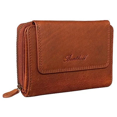 Afbeelding van Benthill Portemonnee van echt leer voor dames, RFID bescherming, damesportemonnee met veel kaartvakken geschenkdoos, Rood, Vintage stijl