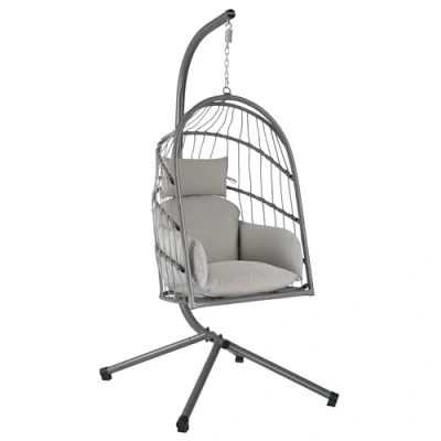 Afbeelding van HinHocker hangstoel met frame, grijs, hangschommel voor binnen en buiten, kussen kussen, rieten stoel, eierstoel,