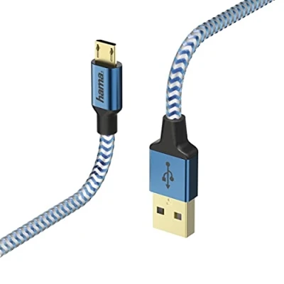 Afbeelding van Hama &quot;Reflective&quot; oplaadkabel en gegevensoverdracht (USB A stekker naar micro USB, USB 2.0, verguld, 480 MBit/s, 20 V, 3 A, kabellengte 1,5 m) blauw