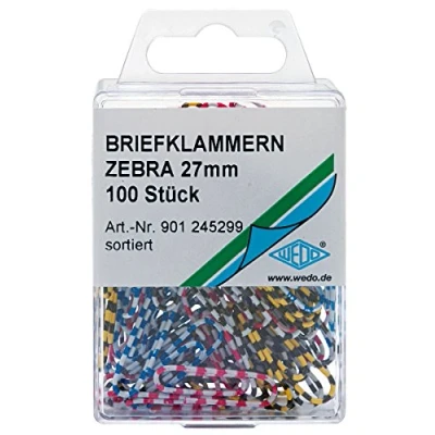Afbeelding van Wedo 901245299 100 stuks zebra metalen paperclips met gestreepte kunststof coating, 27 mm, verschillende kleuren