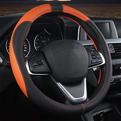 Afbeelding van coofig stuurhoes van PU leer, duurzaam, universeel, 38 cm, voor auto, ademend en antislip, dames heren (zwart oranje)