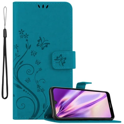 Afbeelding van Cadorabo Hoesje geschikt voor Huawei Y6 PRO 2019 in BLOEMEN BLAUW Beschermhoes bloemmotief met magnetische sluiting, standfunctie en kaartsleuven Book Case Cover Etui
