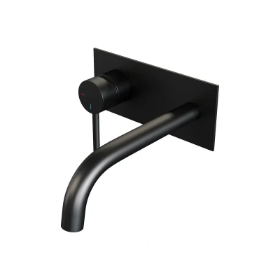 Afbeelding van Brauer Black Edition Wastafelmengkraan inbouw gebogen uitloop rechts hendel lang smal afdekplaat model A2 mat zwart