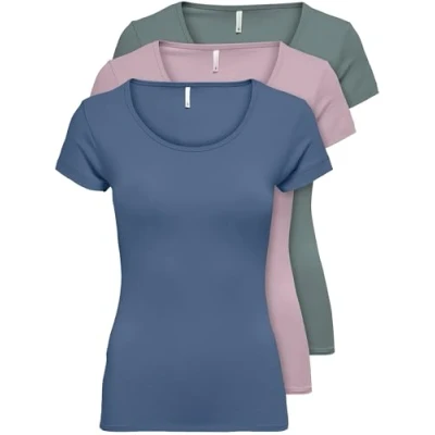 Afbeelding van ONLY 15209153 Basic dames zomer T shirt 3 pack zwart of wit