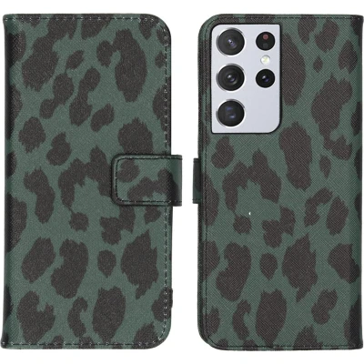 Afbeelding van iMoshion Hoesje Geschikt voor Samsung Galaxy S21 Ultra Met Pasjeshouder Design Softcase Bookcase Meerkleurig / Green Leopard