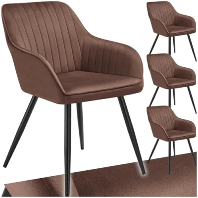 Afbeelding van tectake® 4 x Stoel Marilyn Elegante Fluwelen Gestikte Eetkamerstoelen in Bruin/Zwart
