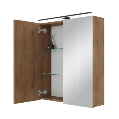 Afbeelding van Planetmöbel ARIA Spiegelbadkamerkast met verlichting, 60 cm breed, om op te hangen, spiegel, gouden eiken, lamp en stopcontact, spiegelkast voor gasten, x 70 16
