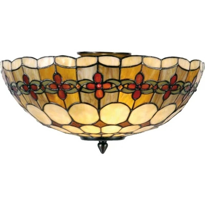 Afbeelding van LumiLamp Plafondlamp Tiffany Ø 40x24 cm Beige Rood Metaal Glas Halfrond Roos Plafonniere