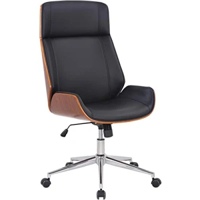 Image de CLP Fauteuil de bureau Varel en similicuir avec coque siège bois Noyer / Noir