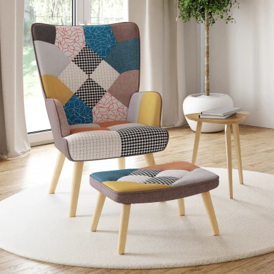 Afbeelding van Fauteuil scandinave IVAR avec repose pieds en tissu patchwork multicouleurs