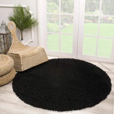 Afbeelding van Shaggy Vloerkleed Zwart Hoogpolig 150 cm rond