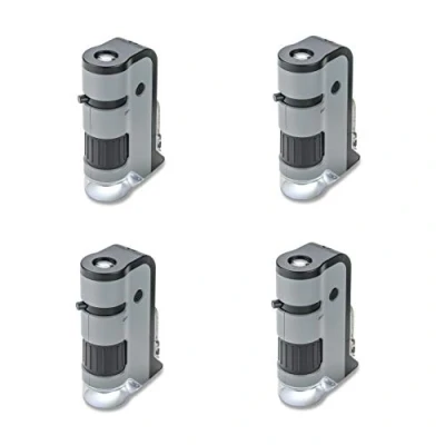 Afbeelding van Carson MicroFlip 4 stuks 100x 250x zakmicroscopen met LED en UV verlichting uitklapbare schuifbasis digiscopische clip voor smartphone (MP 250MU), grijs