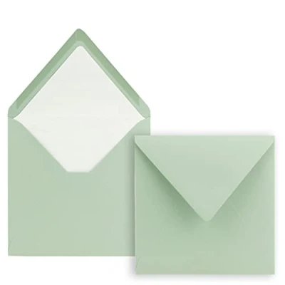 Afbeelding van enveloppen vierkant 16 x cm, eucalyptus, met witte zijdevoering, envelop zonder venster en natte kleefrand