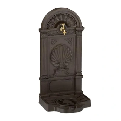 Afbeelding van Relaxdays muurfontein met kraan 83 cm buitenkraan gegoten aluminium putje antiek