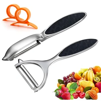 Afbeelding van Leaflai Dunschiller, 2 stuks, premium roestvrij staal, Y &amp; I vormig draaibaar groentemes met scherp lemmet en antislip handgreep, aardappelschiller, groenten voor tomaten, wortelen, fruit (zilver)