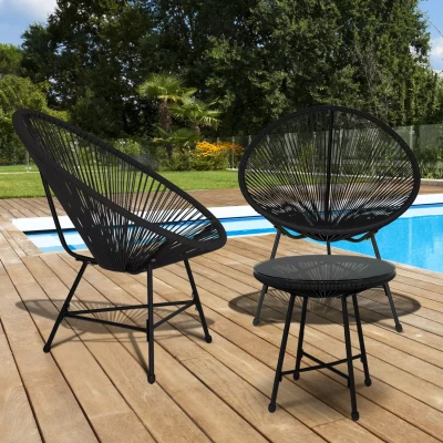 Image de Salon de jardin IZMIR table et 2 fauteuils oeuf cordage noir