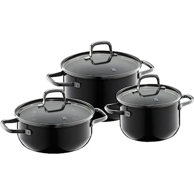 Afbeelding van WMF Fusiontec Essential Set van 3 inductiekookpannen met deksel high tech glas en keramiek, krasbestendig, niet gecoat, zwart, Made in Germany