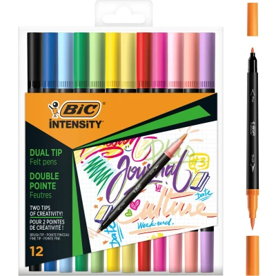Afbeelding van BIC Intensity Dual Tip Classic en Pastel Kleurstiften met flexibele penseelpunt Assorti Kleuren Doos van 12 Fijne punt 0,7 mm