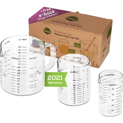 Afbeelding van TreeBox Maatbeker van glas met schenktuit, set 3, hitte en magnetronbestendig, verschillende maateenheden, perfect voor bakken, bakken mengen