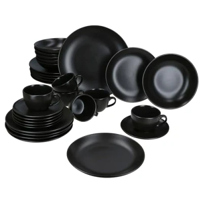 Afbeelding van MamboCat Panther 30 delig combiservies, matzwart aardewerk tafelservies voor 6 personen, koffiekopjes 160 ml, schoteltjes, taartborden, soepborden 420 ml en borden