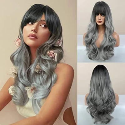 Afbeelding van Honygebia Grijze pruik met pony, lange ombre pruiken voor vrouwen, echt natuurlijk haar, hittebestendige synthetische Halloween, Kerstmis, cosplay, feest