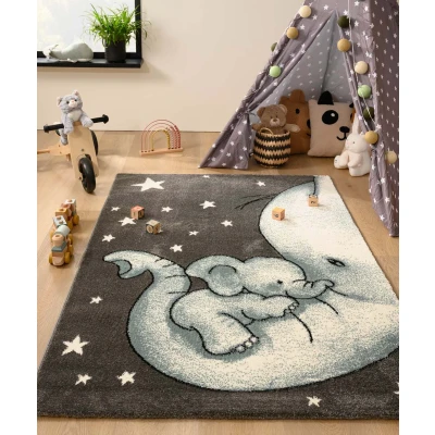 Afbeelding van Tapijt/Vloerkleed Kinderkamer Olifant Adventures Grijs/blauw 140x200 Cm