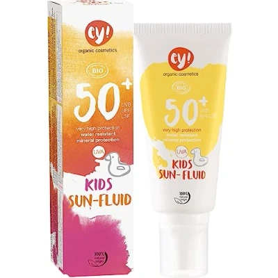 Afbeelding van ey! organic cosmetics Sunfluid Kids Zonnevloeistof SPF 50+, waterdicht, veganistisch, microplasticvrij, natuurlijke cosmetica voor gezicht en lichaam, 1 stuk (1 x 100 ml)