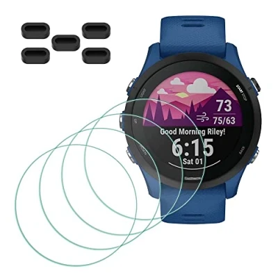 Afbeelding van MTHGH 4 stuks displaybeschermfolie voor Garmin Forerunner 255/255 Music smartwatch + 5 stofplug, 9H gehard glas, krasbestendig, luchtbelvrij, ultradun