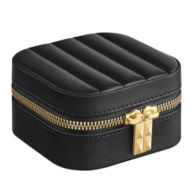 Afbeelding van SONGMICS HOME ANAH Collection JBC179B01 Kleine reisjuwelendoos, organizer met spiegel, 10,5 x 6 cm, PU oppervlak stiksel, ritssluiting, cadeau idee, zwarte inkt