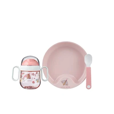 Image de Mepal Ensemble de vaisselle pour bébé 3 pièces Mio Comprend une tasse à bec étanche, et assiette cuillère d&#039;entraînement Va au lave sans BPA Flowers &amp; Butterflies