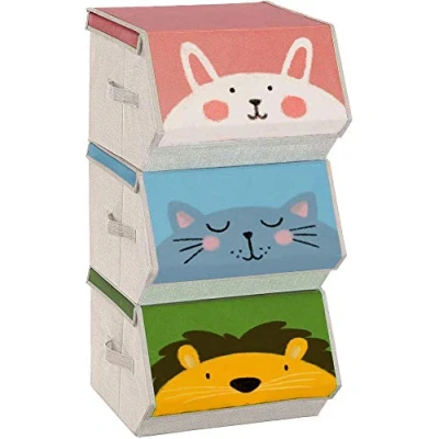Afbeelding van SONGMICS opbergdozen Set van 3 opvouwbare stoffen met handgrepen Speelgoedorganizer Magnetische deksels voor kinderkamer Speelkamer Dierenthema&#039;s Roze Blauw Groen Grijs RFB760P01